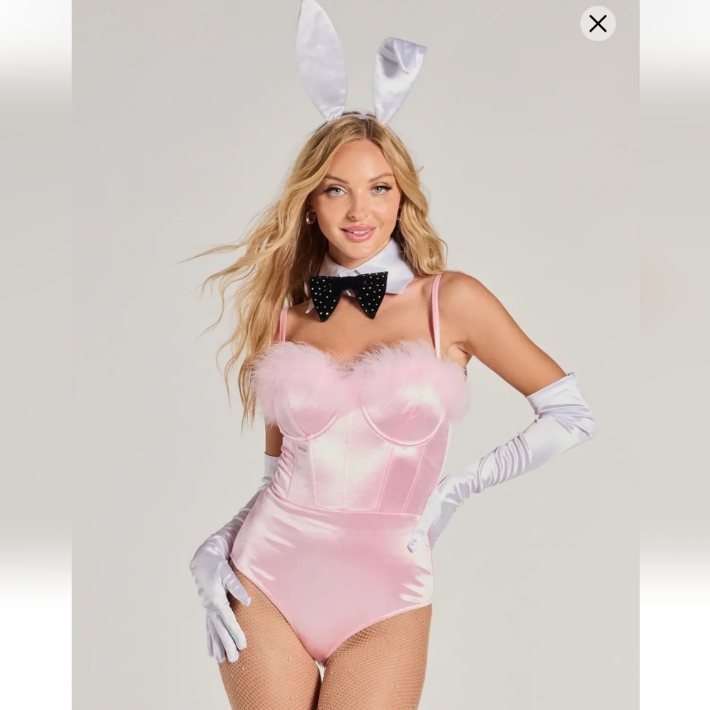 Bunny Bombshell Feather Corset Bodysuit-Ears, Choker, Gloves &Tail Not Included